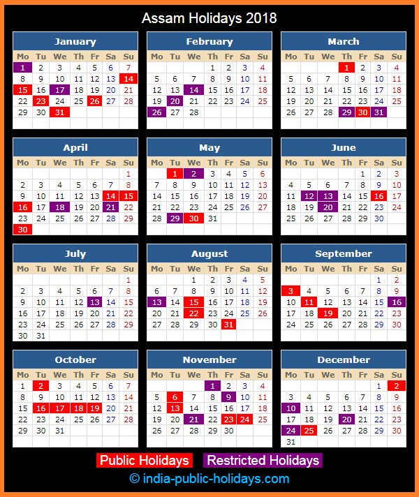 Assam Holiday Calendar 2018